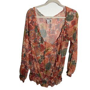 SushiFlower Blouse Women's Medium Sheer V-Neck 3/4 Sleeve Floral Boho Top